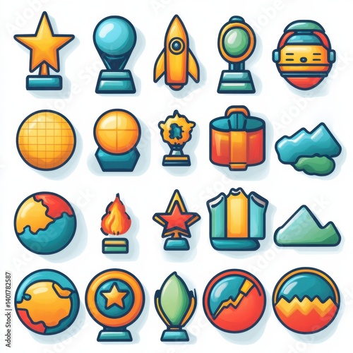 A diverse set of icons representing various elements associated with professionalism achievement and goal oriented success