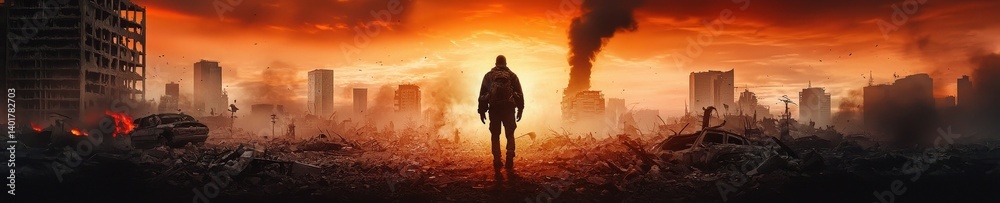 A man stands in the middle of a desolate city with a large A man stands in the middle of a desolate city with a large