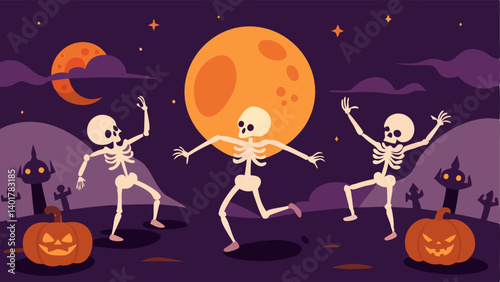 Moonlit Dance Floor An enchanting scene of skeletons twirling and spinning under a full moon. The moonlight casts soft shadows across the graveyard while illuminating the