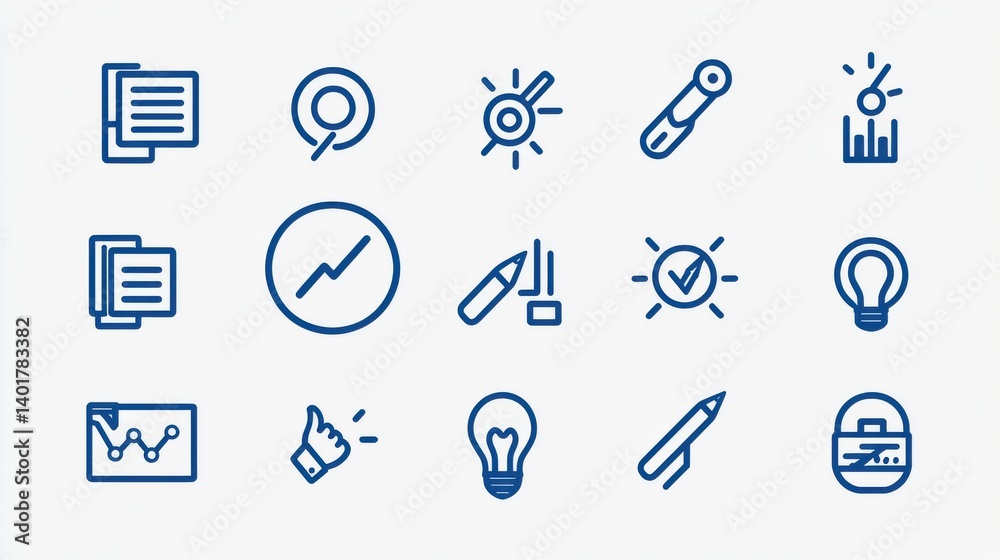 This set of professional outline icons represents various elements related to business strategy including planning analysis innovation data visualization and project management