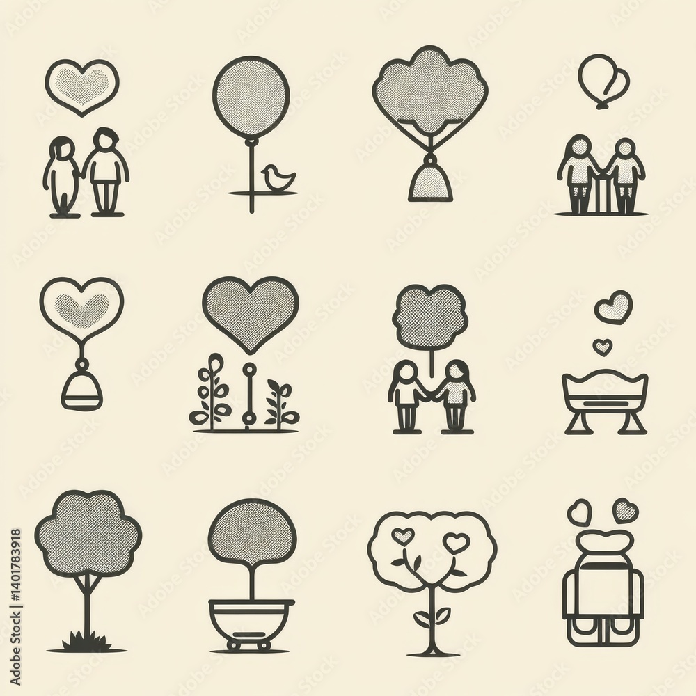 A set of minimalist monochrome icons depicting various romantic and family themed symbols and concepts such as hearts couples families nature and