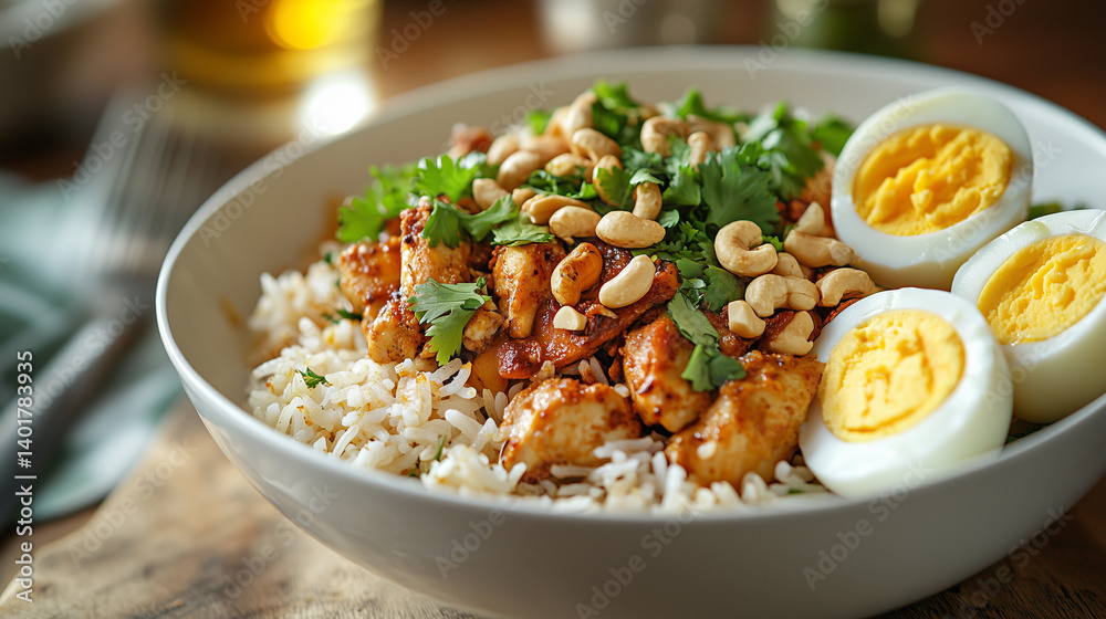 Tasty Rice Bowl with Chicken, Eggs, Cashews, and Cilantro in a White Bowl Tasty Rice Bowl with Chicken, Eggs, Cashews, and Cilantro in a White Bowl