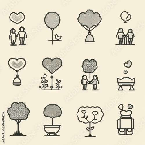 Obraz na płótnie A set of minimalist monochrome icons depicting various romantic and family themed symbols and concepts such as hearts couples families nature and w salonie