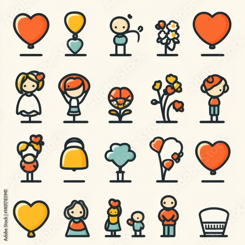 A collection of minimalist stylized icons depicting romantic familial and themes in a clean modern outline design