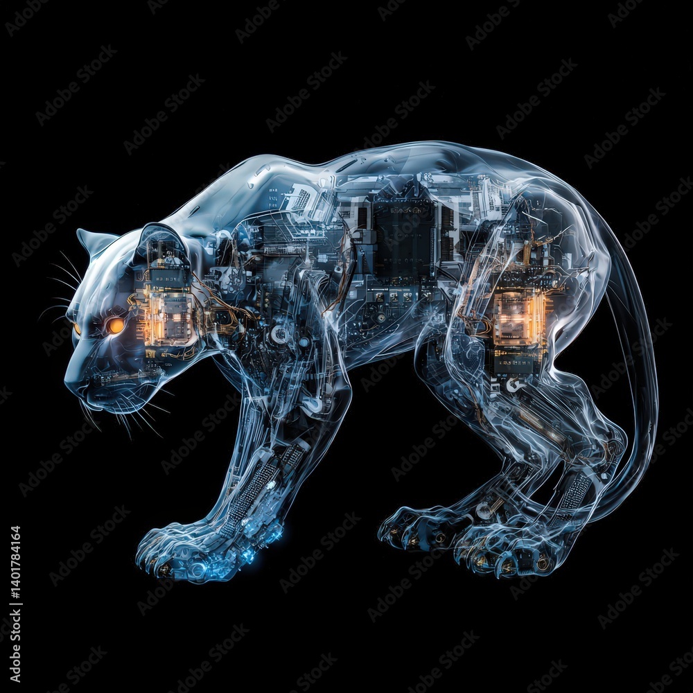 A cat made of metal and glass is shown in a black background A cat made of metal and glass is shown in a black background