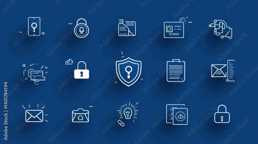 A collection of minimalist line art icons representing various security and technology concepts such as locks encryption passwords and digital protection