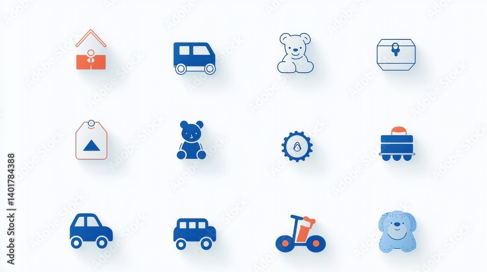 A collection of 15 simple colorful outline icons depicting various children s toys and playtime activities including a teddy bear car bus scooter building blocks train and more A collection of 15 simple colorful outline icons depicting various children s toys and playtime activities including a teddy bear car bus scooter building blocks train and more