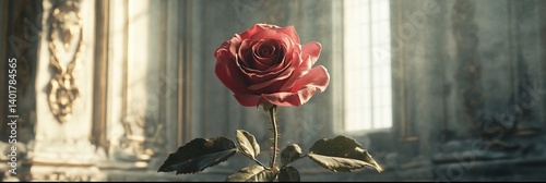 Single red rose with green leaves stands against a blurred background.