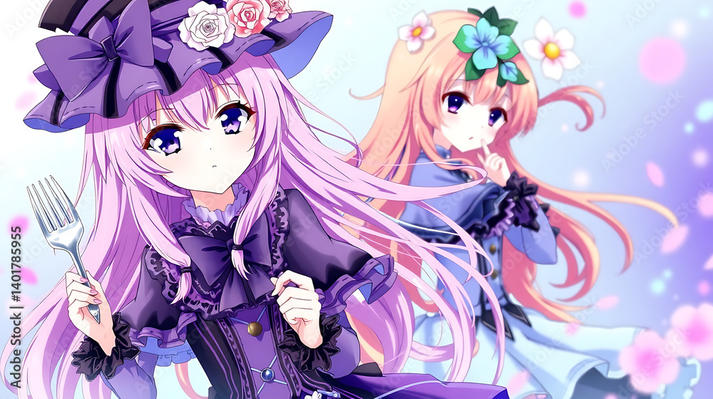 Anime Style Extravagant Female Characters, Pink and Orange Long Hair, Dreamy Atmosphere, High-Resolution Wallpaper Anime Style Extravagant Female Characters, Pink and Orange Long Hair, Dreamy Atmosphere, High-Resolution Wallpaper