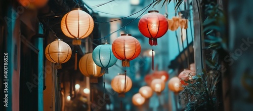 Festive lanterns illuminate Asian alleyway at dusk