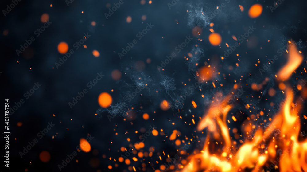 A close-up of vibrant flames dances against a dark background, showcasing bright orange and yellow hues with curling smoke and glowing embers. striking imagery evokes warmth and intensity.