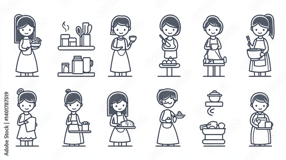 Fototapeta premium A set of simple minimalist icons illustrating various household chores and domestic tasks associated with daily family life such as cooking cleaning and home organization