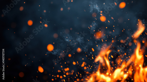 Obraz na płótnie A close-up of vibrant flames dances against a dark background, showcasing bright orange and yellow hues with curling smoke and glowing embers. striking imagery evokes warmth and intensity. w salonie