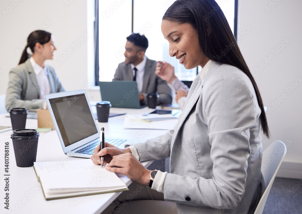 Happy, business woman and writing with book in meeting for collaboration, minutes or review at office. Female person, secretary or people taking notes for group discussion in teamwork at workplace Happy, business woman and writing with book in meeting for collaboration, minutes or review at office. Female person, secretary or people taking notes for group discussion in teamwork at workplace
