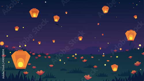 Magic in the Air An enchanted landscape featuring a sea of softly lit lanterns drifting lazily above the ground. The field is dotted with wildflowers that softly sway in the night