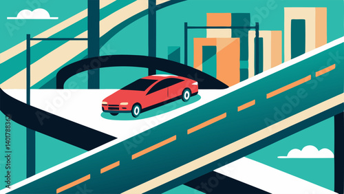 Multilayered Traffic A selfdriving car moves smoothly through a complex traffic system with bridges and highways layered above emphasizing its adaptability.