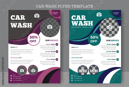 Collection of car wash service internet advertising banner vector flat illustration. Set of automobile cleaning landing page discount place for text.