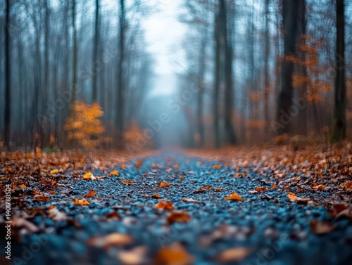 Scenic Tranquil Road Winding Through Dense Forest Surrounded by Vibrant Autumn Leaves Creating a Peaceful and Inviting Natural Atmosphere