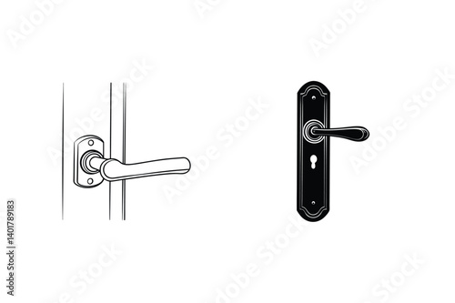Door Handle Set Designs In Black And White Illustration Style For Architectural Use