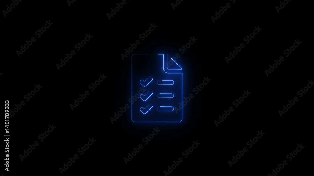Glowing neon document File icon animation, neon PDF file icon.neon document checklist icon on a dark background.