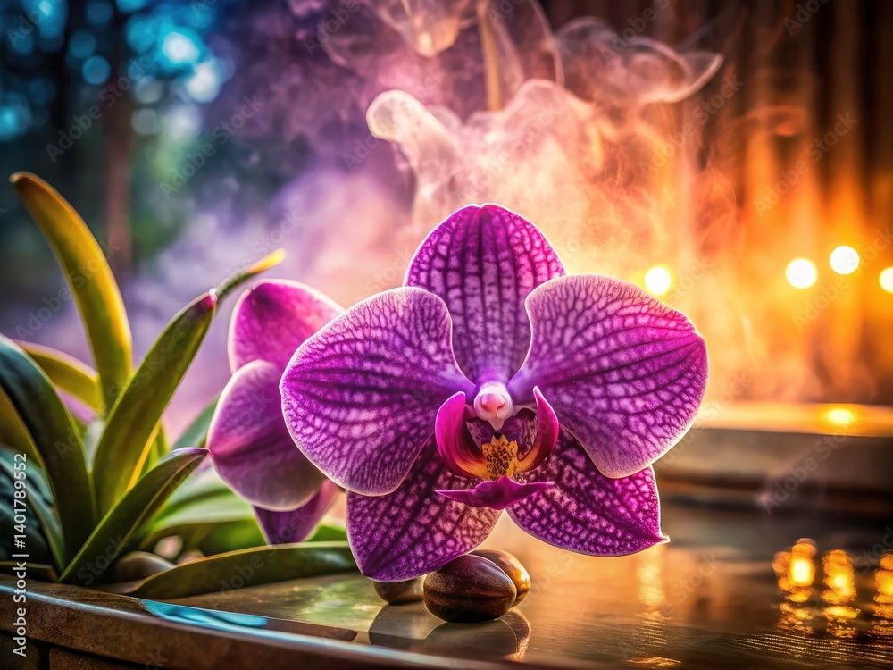 Low Light Hot Tub Orchid Bloom: Purple Vanda Macro Photography