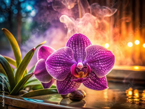 Obraz na płótnie Low Light Hot Tub Orchid Bloom: Purple Vanda Macro Photography w salonie