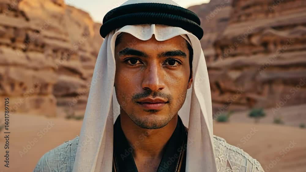 Close-up of a handsome man in traditional Middle Eastern attire in a desert landscape looking directly at the viewer with a serious expression.