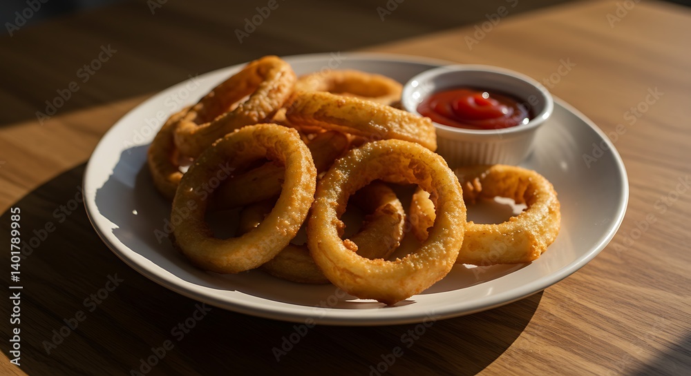 Golden fried onion rings and dipping sauce on a plate - delicious meal - food photography