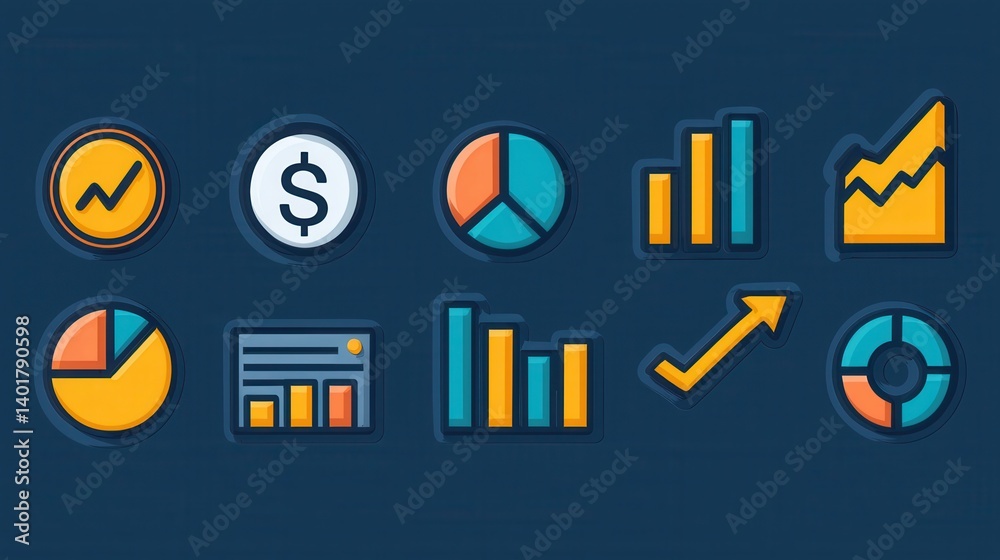 A collection of colorful outline icons depicting different data visualization tools and statistical concepts including graphs charts and infographic elements