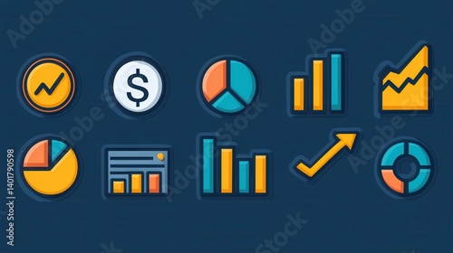 Obraz na płótnie A collection of colorful outline icons depicting different data visualization tools and statistical concepts including graphs charts and infographic elements w salonie