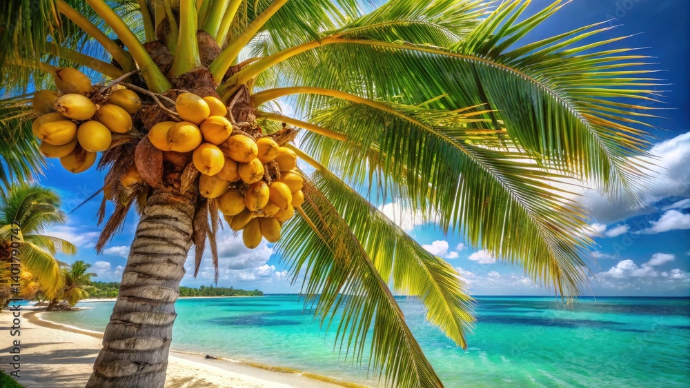 Fototapeta premium Lush Tropical Coconut Palm Tree, Exotic Island Paradise, Summer Vacation, Beach Scene, Coconut Palm Stock Photo, High-Resolution Image