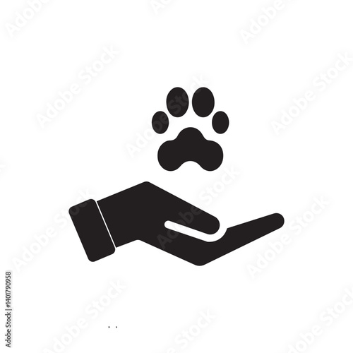Animal Paw and Human Hand Silhouette Icon. Animal Donation, Care and Protection concept. Adoption of Pets, Shelter, Charity Icon. Animal welfare Pictogram. Vector illustration.
