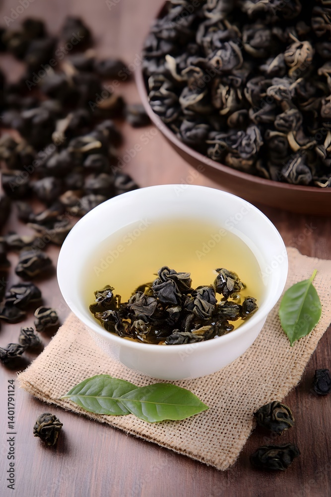 Closeup Aromatic Green Tea Leaves in Bowl and Cup Closeup Aromatic Green Tea Leaves in Bowl and Cup