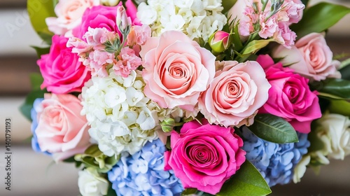 Fototapeta Naklejka Na Ścianę i Meble -  Vibrant bouquet of roses and hydrangeas