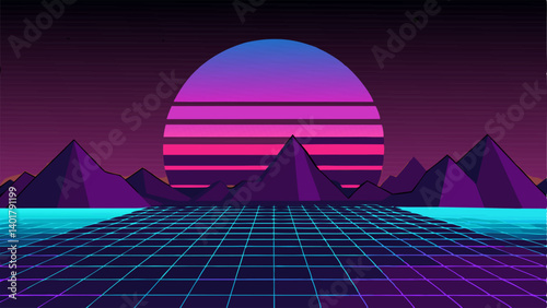 Neon Grid Background A futuristic landscape with a dark gradient sky transitioning from deep purple to blue overlayed with a vibrant neon grid that recedes towards the horizon.