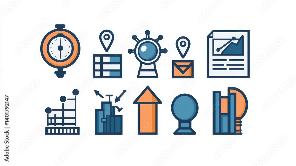 A collection of 15 minimalist outline icons depicting various elements of corporate strategy business planning data analytics and decision making tools