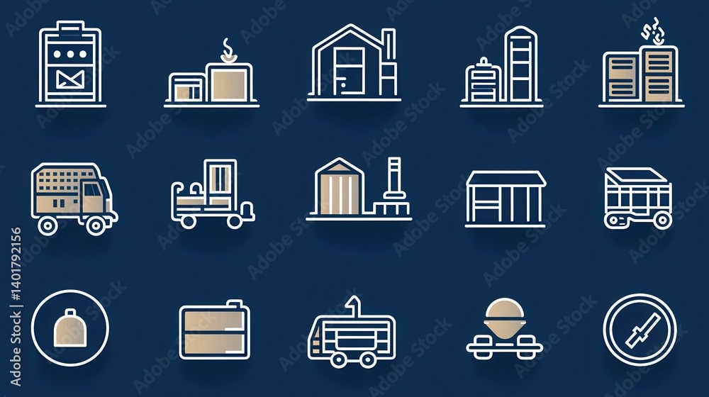 A collection of 15 minimalist outline icons representing various aspects of corporate buildings transportation storage and other industrial and commercial facilities