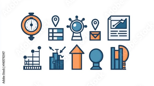 Obraz na płótnie A collection of 15 minimalist outline icons depicting various elements of corporate strategy business planning data analytics and decision making tools w salonie