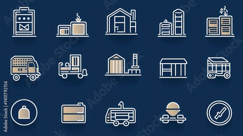 Obraz na płótnie A collection of 15 minimalist outline icons representing various aspects of corporate buildings transportation storage and other industrial and commercial facilities w salonie