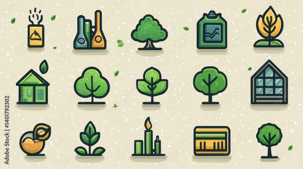 This image depicts a set of 15 simple outline icons that represent various aspects of corporate sustainability and environmental responsibility including renewable energy recycling