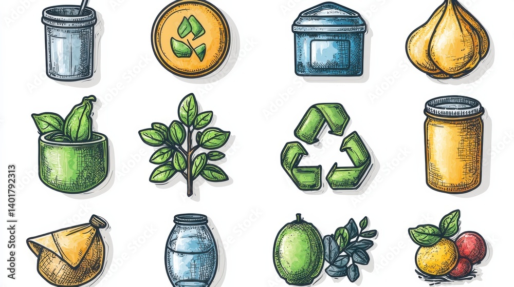 A collection of icons representing various elements of a sustainable eco friendly lifestyle including recycling bins compost leaves and other nature inspired symbols