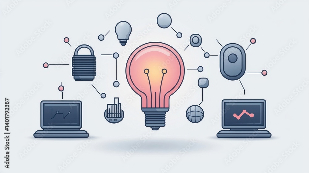 A collection of outline icons depicting various technological elements including computers devices security creativity and data analysis