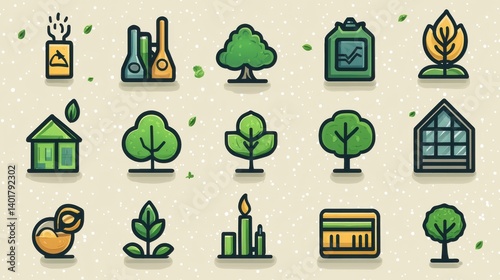 This image depicts a set of 15 simple outline icons that represent various aspects of corporate sustainability and environmental responsibility including renewable energy recycling