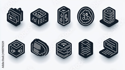 A collection of 15 minimal monochrome icons representing various aspects of corporate technology including data networking digital infrastructure and technical innovation  category Technology