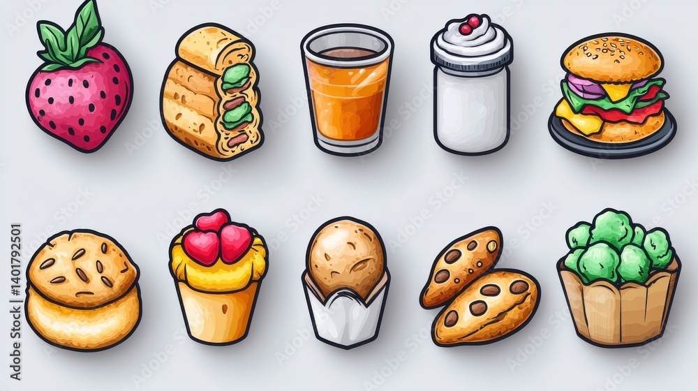 A collection of 15 stylized outline icons representing various food items including fruits vegetables baked goods and beverages which may be relevant to dietary restrictions or preferences
