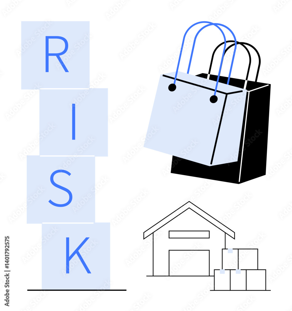 Vertical stack of blue blocks spelling RISK beside a shopping bag icon, warehouse outline with three stacked boxes. Ideal for e-commerce, retail challenges, logistics, warehouse management, online