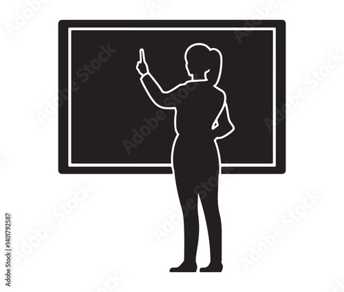 Teacher in classroom silhouette. Female teacher standing at blackboard icon. 