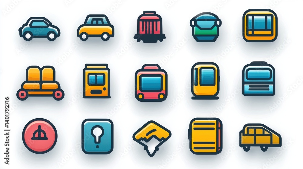 A collection of 15 minimalist outline icons depicting various modes of urban transportation including cars taxis buses luggage and other related elements