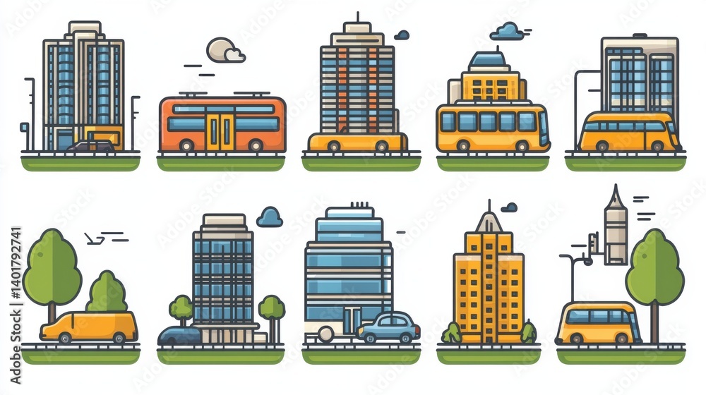 Vibrant and minimalist depicting a diverse range of buildings vehicles and infrastructure that represent the dynamic nature of modern urban environments and transportation systems