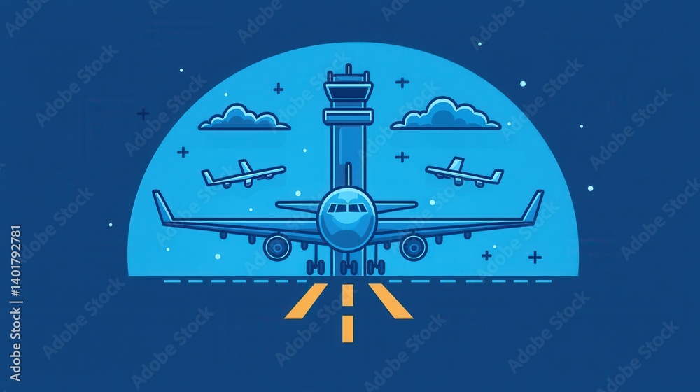 An depicting a nighttime airport scene with multiple airplanes taking off or landing on the runway a control tower and the surrounding infrastructure and facilities